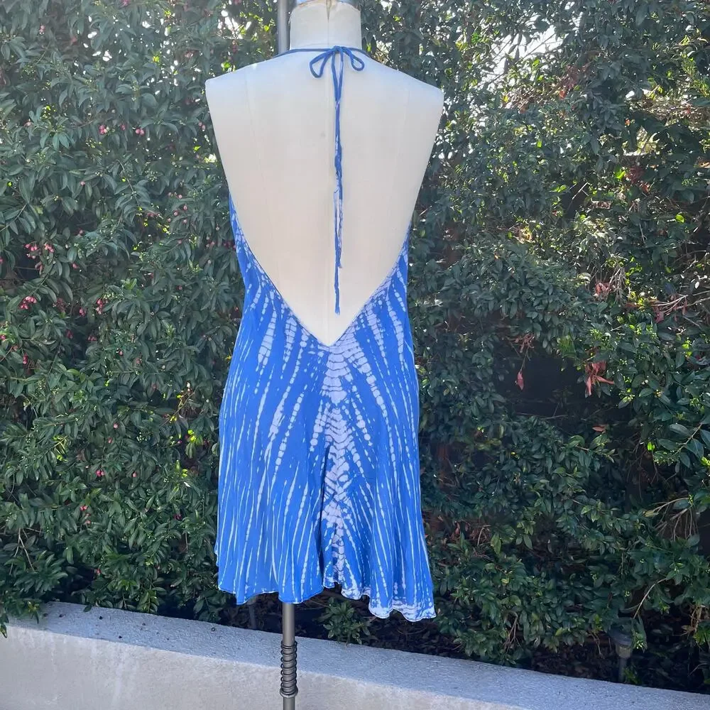 Blue White Tie Dye Halter Mini Dress Women’s One Size Backless Beach Cover Up